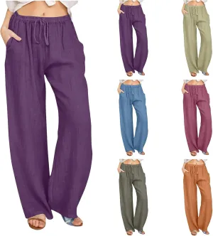 Women's Cotton Linen Pants Straight Leg Elastic Waist Comfy Loose Pockets Summer Daily Wear Lounge Pants Casual 2025