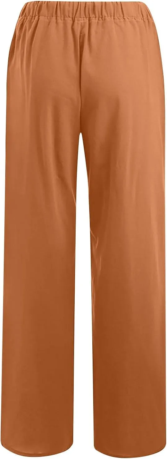 Women's Cotton Linen Pants Straight Leg Elastic Waist Comfy Loose Pockets Summer Daily Wear Lounge Pants Casual 2025