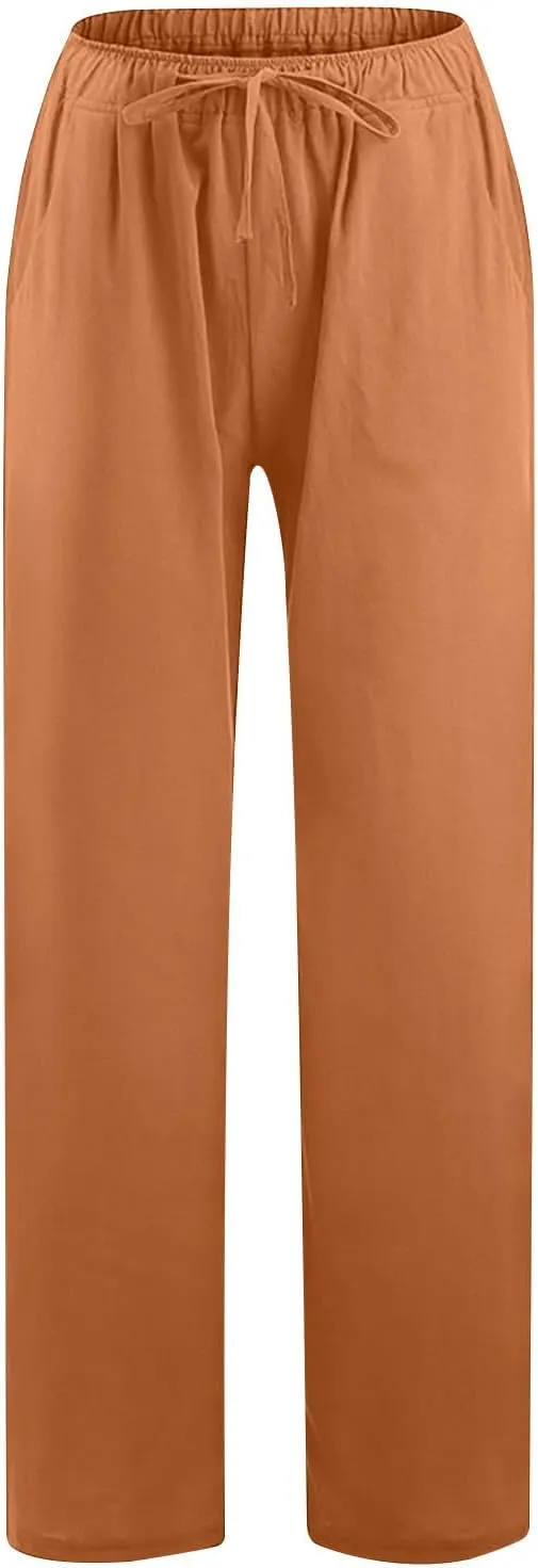Women's Cotton Linen Pants Straight Leg Elastic Waist Comfy Loose Pockets Summer Daily Wear Lounge Pants Casual 2025