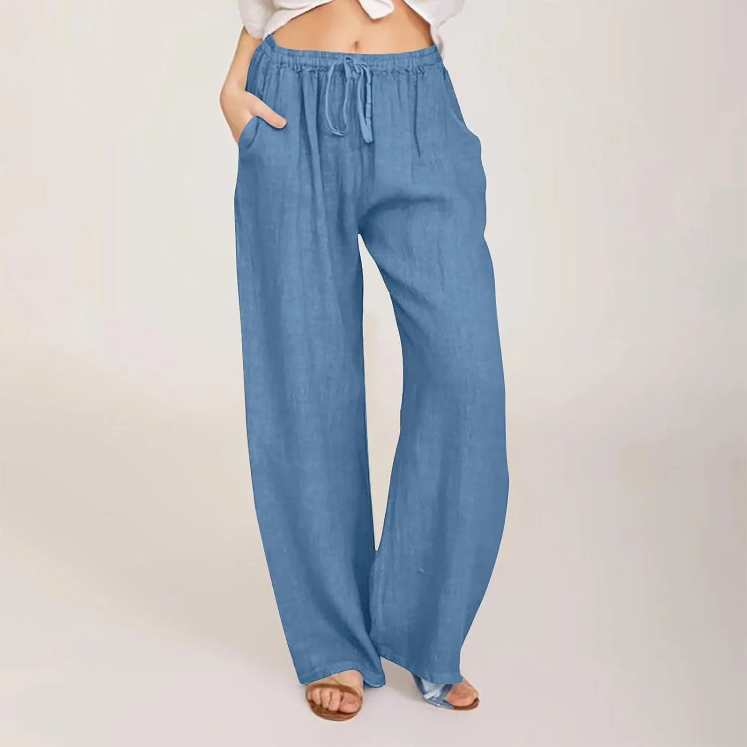 Women's Cotton Linen Pants Straight Leg Elastic Waist Comfy Loose Pockets Summer Daily Wear Lounge Pants Casual 2025