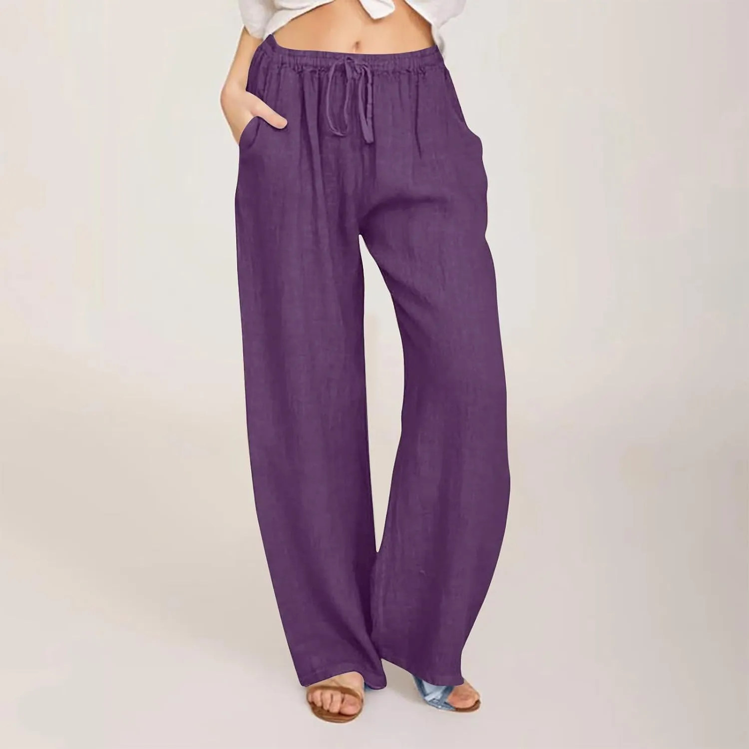 Women's Cotton Linen Pants Straight Leg Elastic Waist Comfy Loose Pockets Summer Daily Wear Lounge Pants Casual 2025