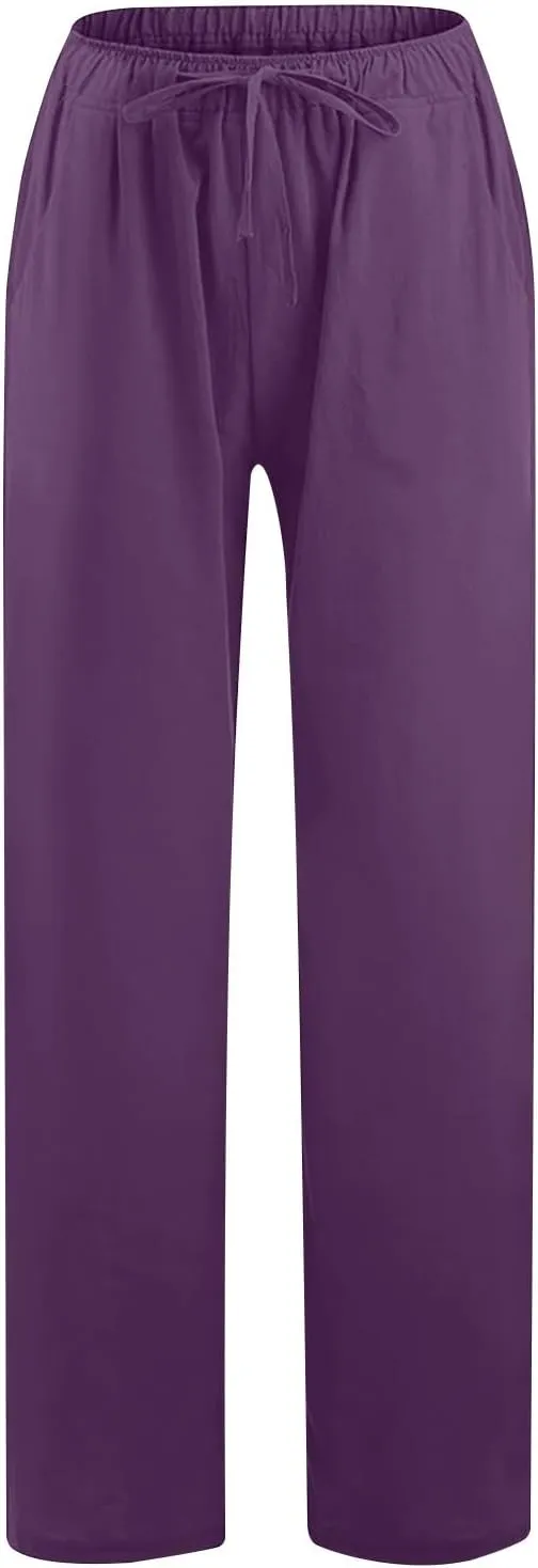Women's Cotton Linen Pants Straight Leg Elastic Waist Comfy Loose Pockets Summer Daily Wear Lounge Pants Casual 2025