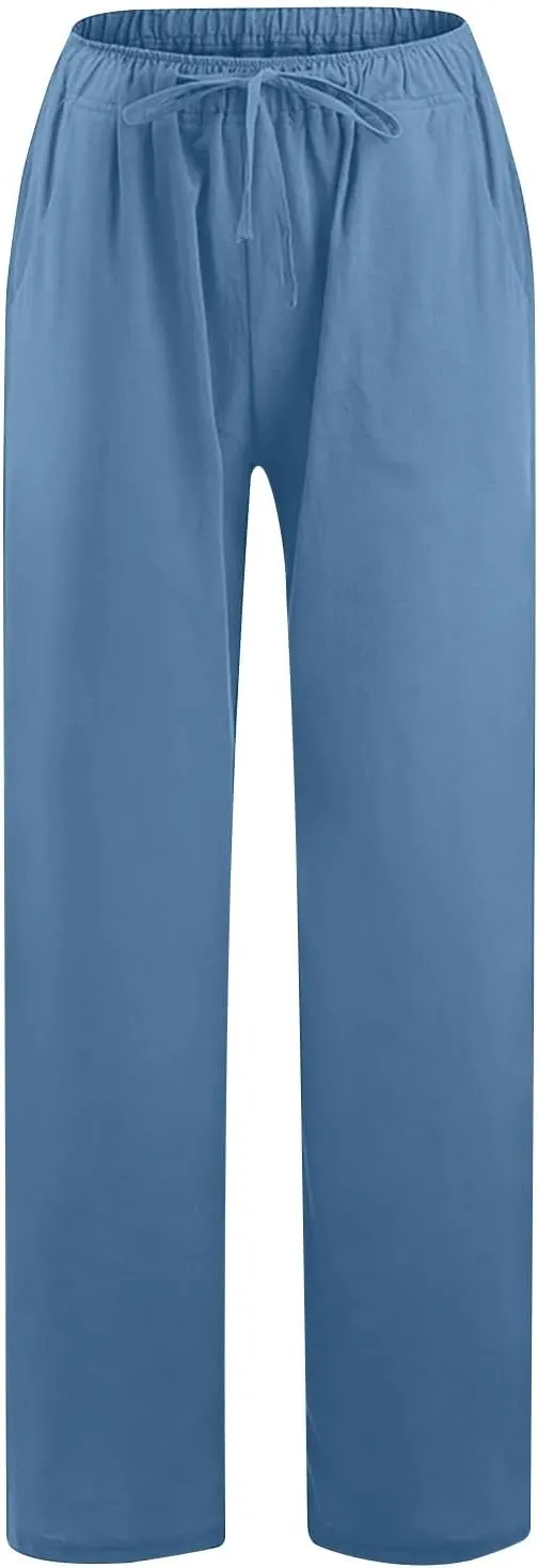 Women's Cotton Linen Pants Straight Leg Elastic Waist Comfy Loose Pockets Summer Daily Wear Lounge Pants Casual 2025