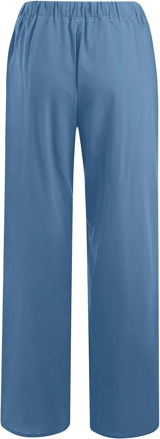 Women's Cotton Linen Pants Straight Leg Elastic Waist Comfy Loose Pockets Summer Daily Wear Lounge Pants Casual 2025