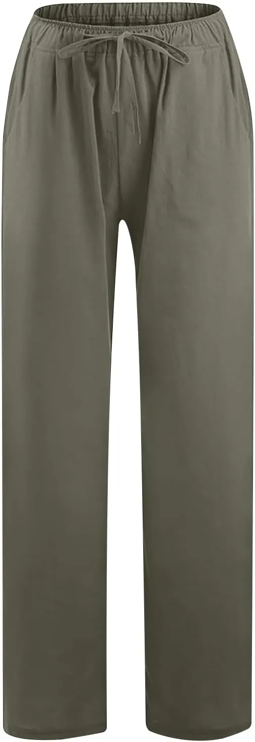 Women's Cotton Linen Pants Straight Leg Elastic Waist Comfy Loose Pockets Summer Daily Wear Lounge Pants Casual 2025