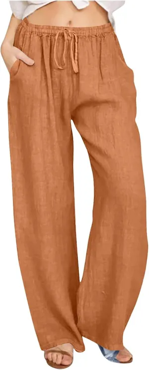 Women's Cotton Linen Pants Straight Leg Elastic Waist Comfy Loose Pockets Summer Daily Wear Lounge Pants Casual 2025