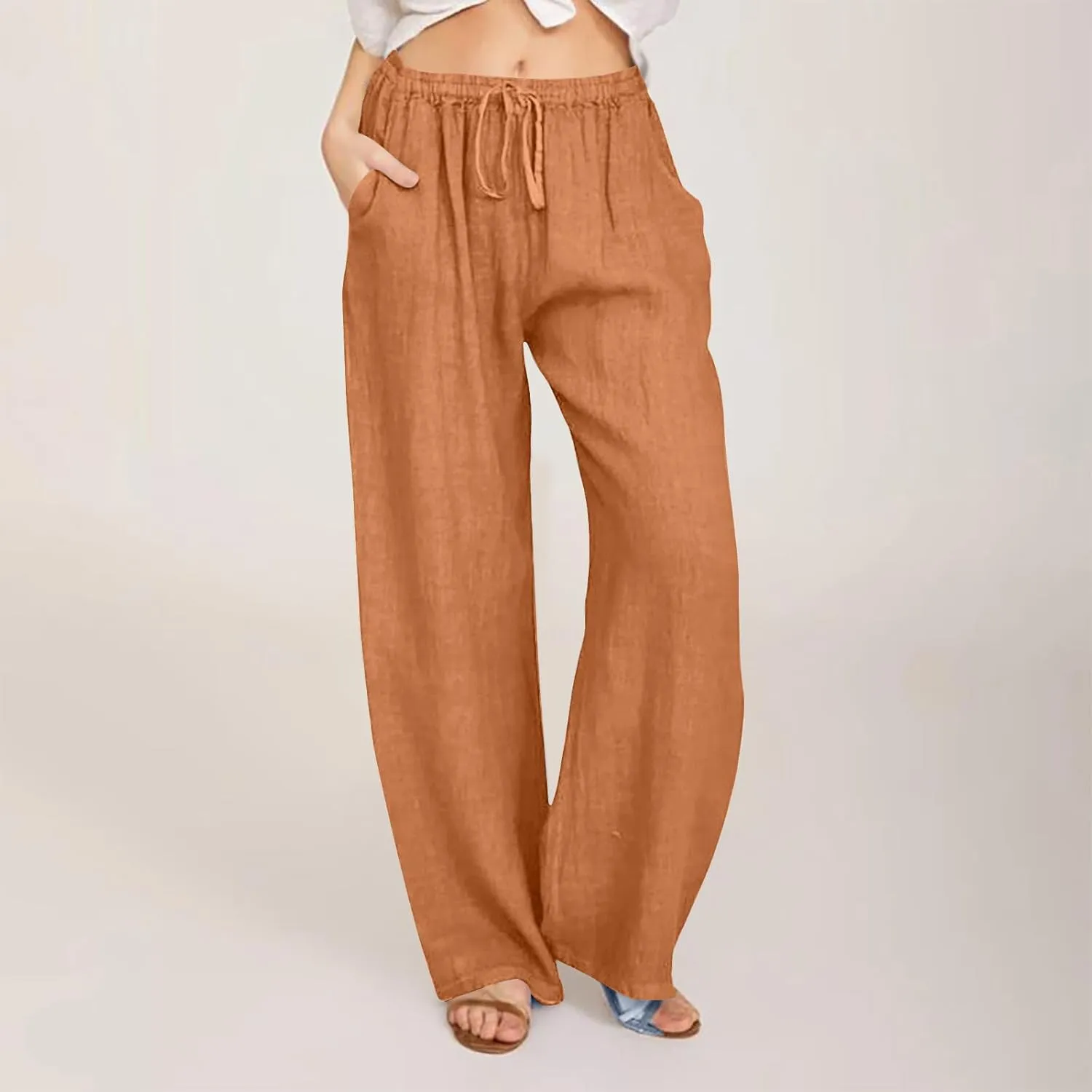Women's Cotton Linen Pants Straight Leg Elastic Waist Comfy Loose Pockets Summer Daily Wear Lounge Pants Casual 2025