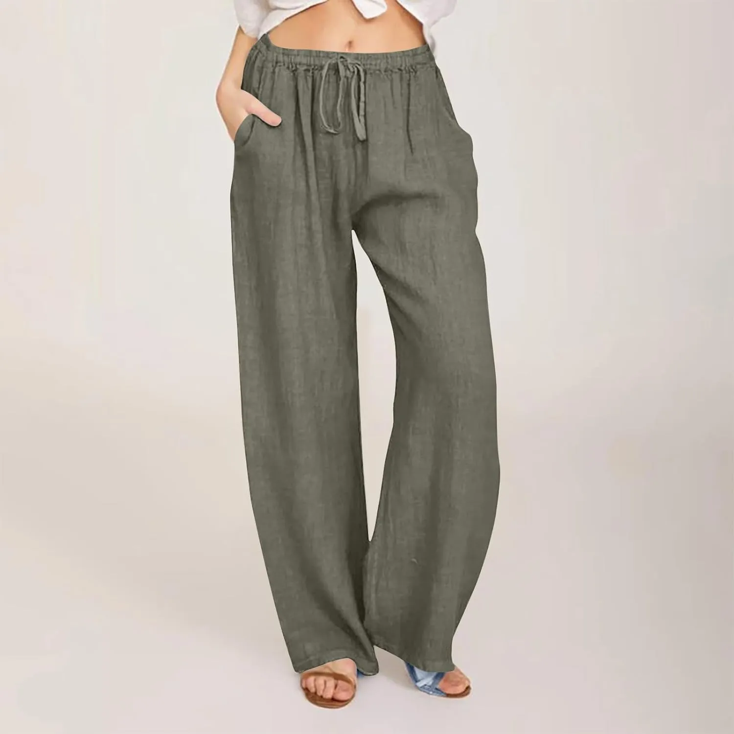 Women's Cotton Linen Pants Straight Leg Elastic Waist Comfy Loose Pockets Summer Daily Wear Lounge Pants Casual 2025