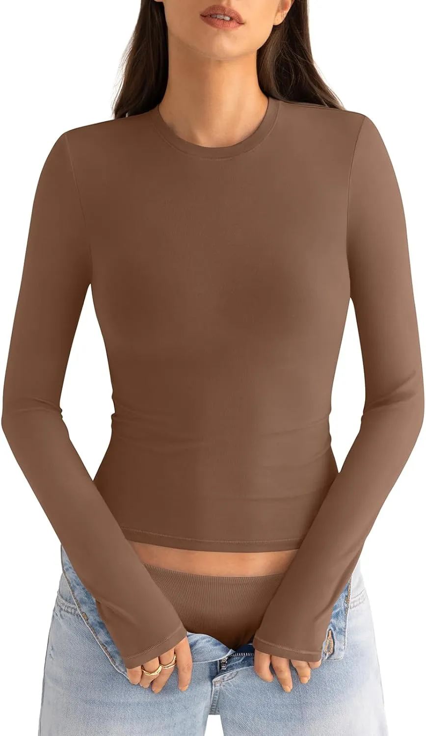Womens Cotton Long Sleeve Shirts Crew Neck Slim Fit Basic Going Out Crop Outfits for Spring Fall 2025