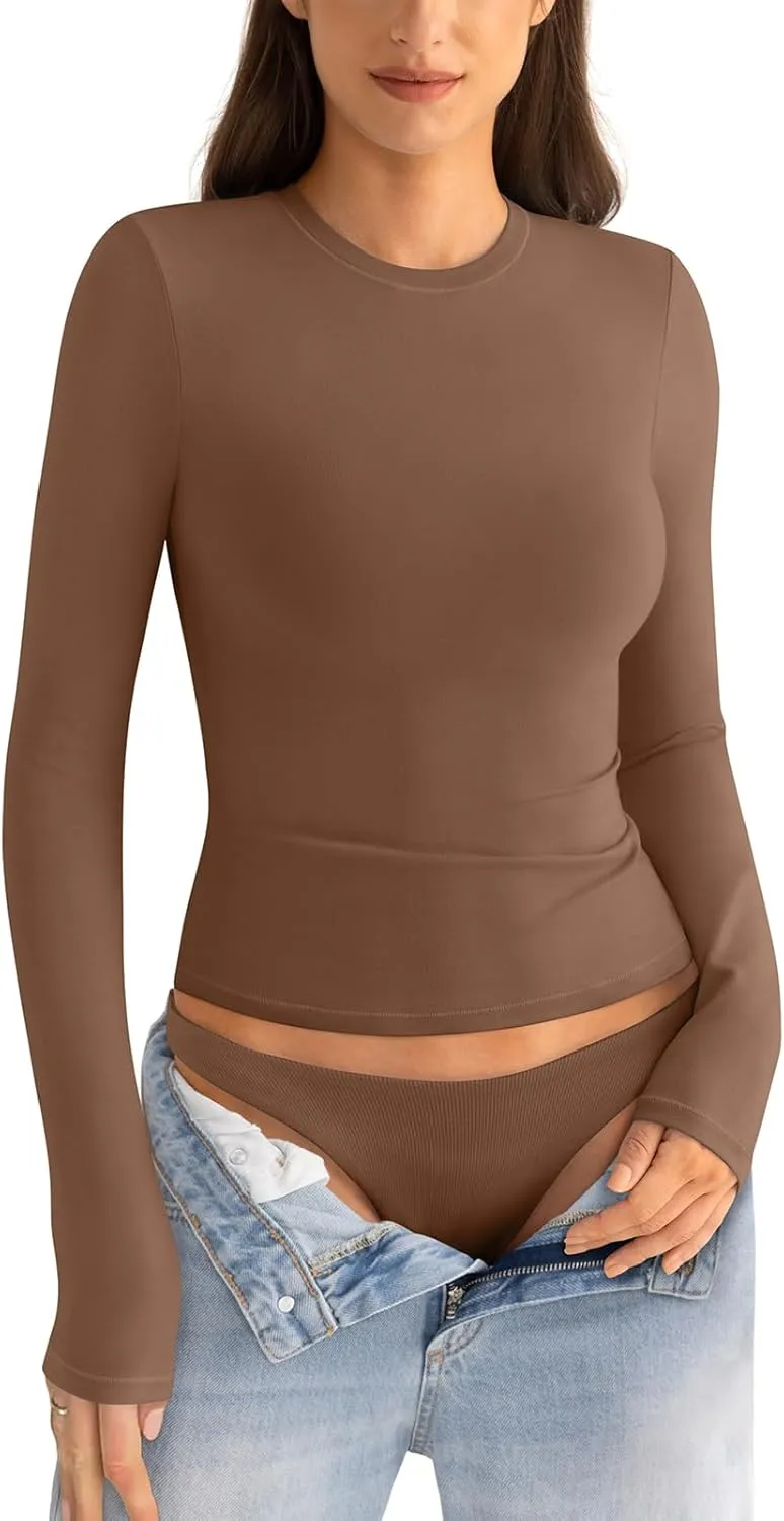 Womens Cotton Long Sleeve Shirts Crew Neck Slim Fit Basic Going Out Crop Outfits for Spring Fall 2025