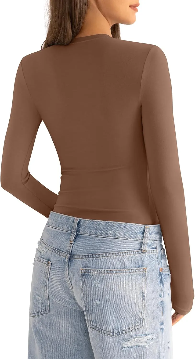 Womens Cotton Long Sleeve Shirts Crew Neck Slim Fit Basic Going Out Crop Outfits for Spring Fall 2025