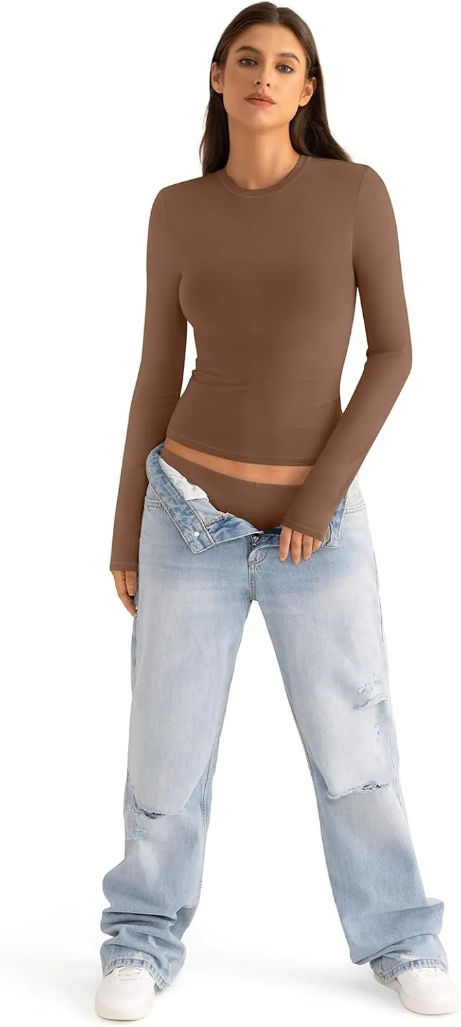 Womens Cotton Long Sleeve Shirts Crew Neck Slim Fit Basic Going Out Crop Outfits for Spring Fall 2025