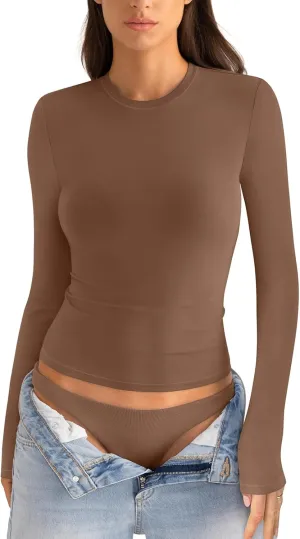 Womens Cotton Long Sleeve Shirts Crew Neck Slim Fit Basic Going Out Crop Outfits for Spring Fall 2025