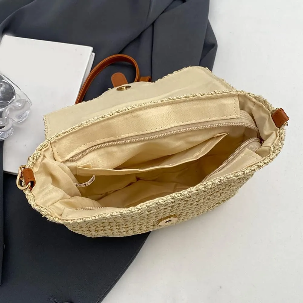 Women's Crossbody Bag Cute Straw Shoulder Bag Summer Beach Straw Tote Bag Handmade Wallet Straw Hobo Bag