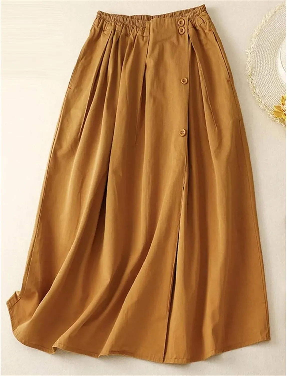 Women's Elastic High Waist Button Decor Pleated Midi Skirt  Casual Fashion A-Line Long Skirt for Daily Wear