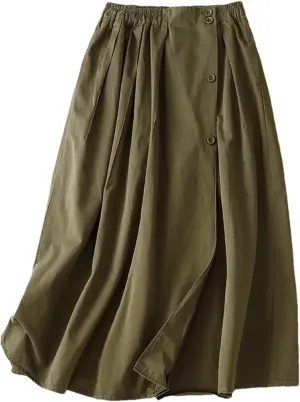 Women's Elastic High Waist Button Decor Pleated Midi Skirt  Casual Fashion A-Line Long Skirt for Daily Wear