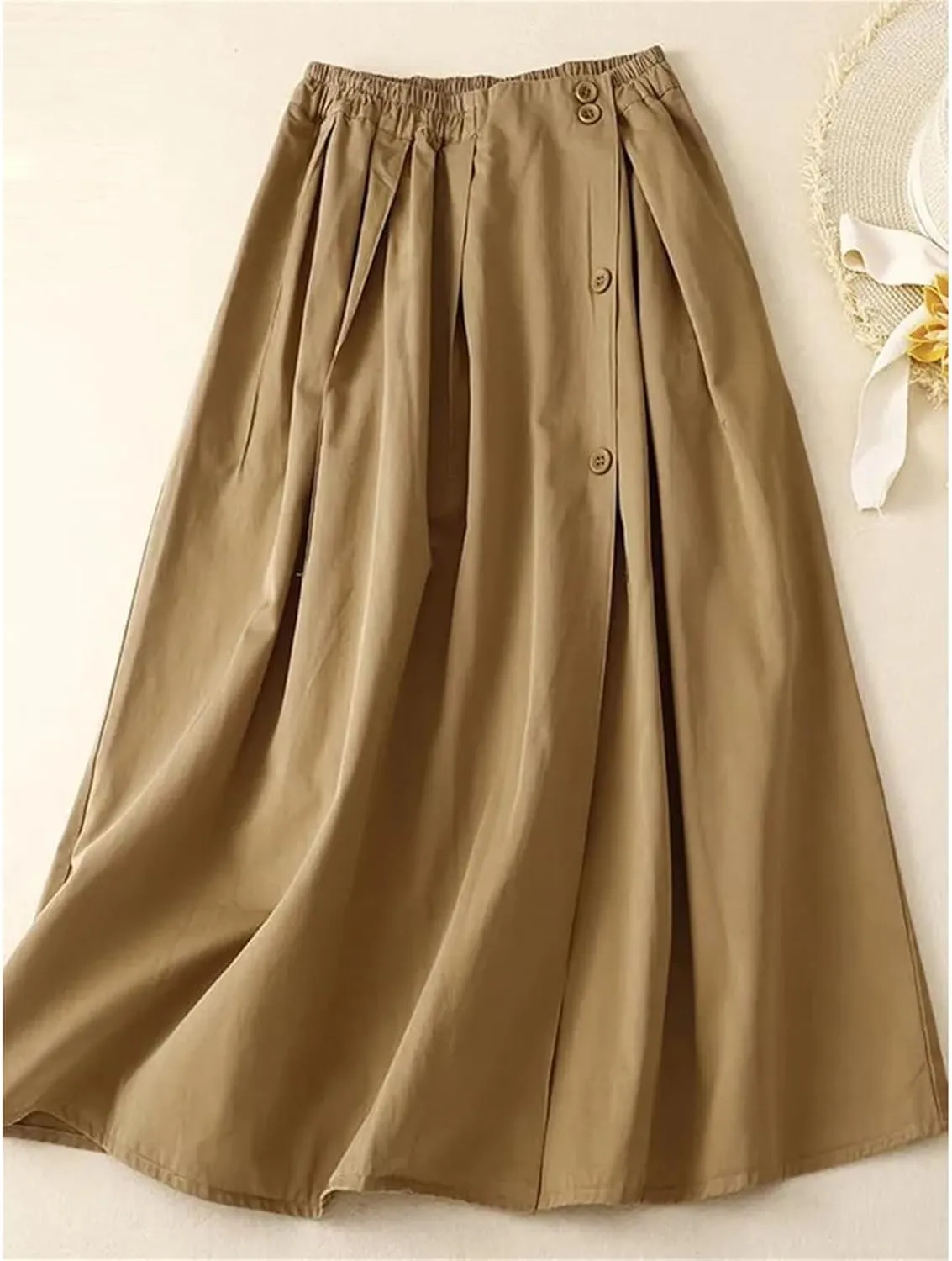 Women's Elastic High Waist Button Decor Pleated Midi Skirt  Casual Fashion A-Line Long Skirt for Daily Wear