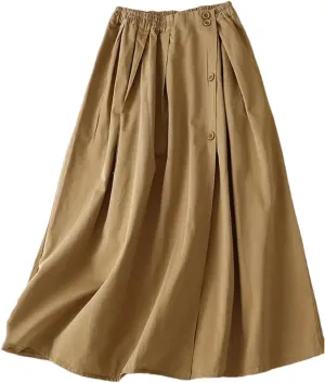 Women's Elastic High Waist Button Decor Pleated Midi Skirt  Casual Fashion A-Line Long Skirt for Daily Wear