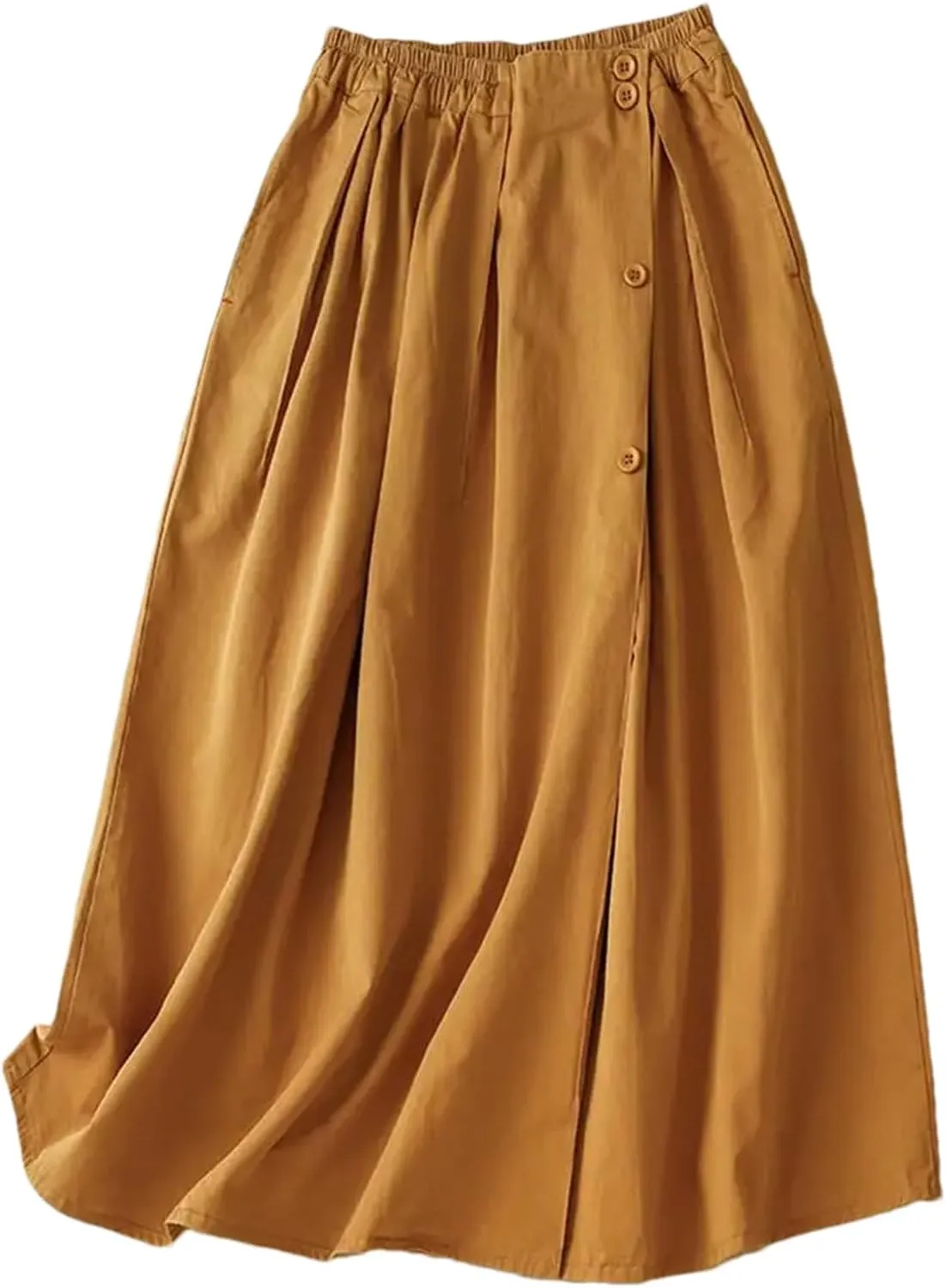 Women's Elastic High Waist Button Decor Pleated Midi Skirt  Casual Fashion A-Line Long Skirt for Daily Wear