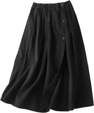 Women's Elastic High Waist Button Decor Pleated Midi Skirt  Casual Fashion A-Line Long Skirt for Daily Wear