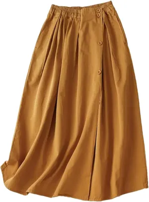 Women's Elastic High Waist Button Decor Pleated Midi Skirt  Casual Fashion A-Line Long Skirt for Daily Wear