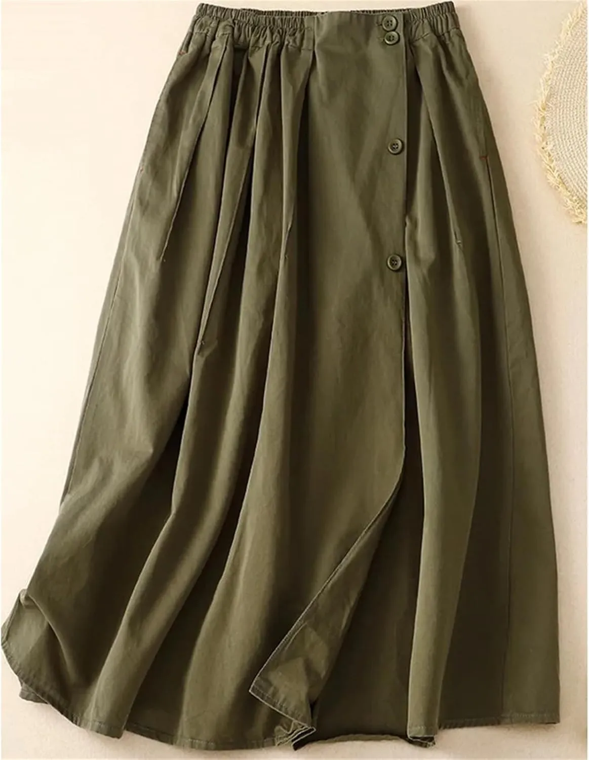 Women's Elastic High Waist Button Decor Pleated Midi Skirt  Casual Fashion A-Line Long Skirt for Daily Wear