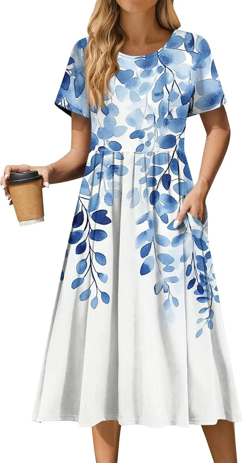 Women's Floral Print Casual Midi Short Sleeve Summer Sundress with Pockets for Beach Party and Daily Wear