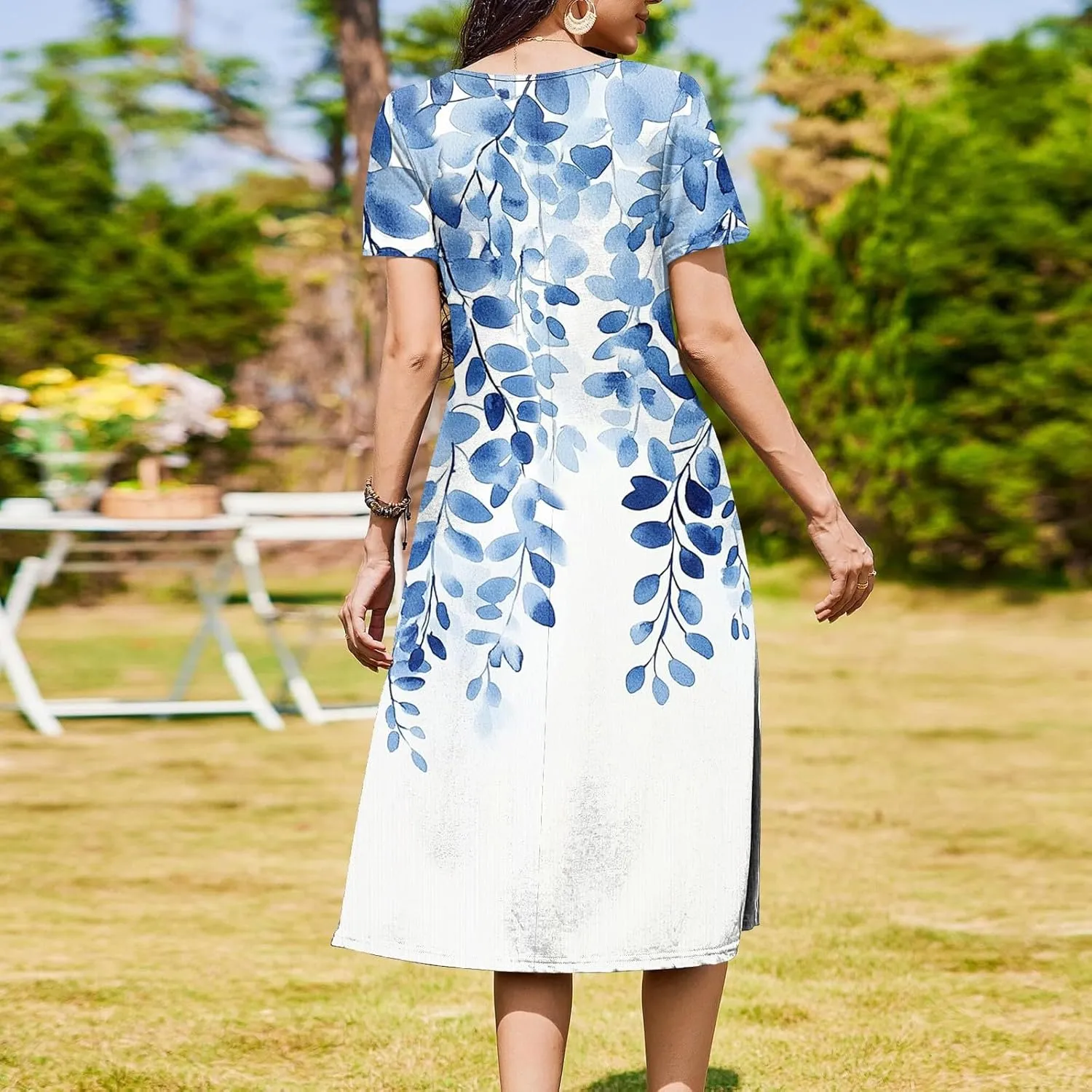 Women's Floral Print Casual Midi Short Sleeve Summer Sundress with Pockets for Beach Party and Daily Wear