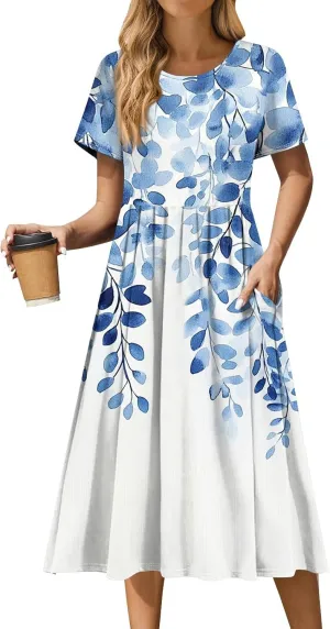 Women's Floral Print Casual Midi Short Sleeve Summer Sundress with Pockets for Beach Party and Daily Wear