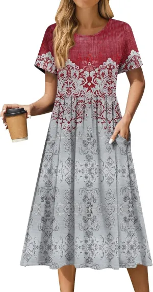 Women's Floral Print Casual Midi Short Sleeve Summer Sundress with Pockets for Beach Party and Daily Wear