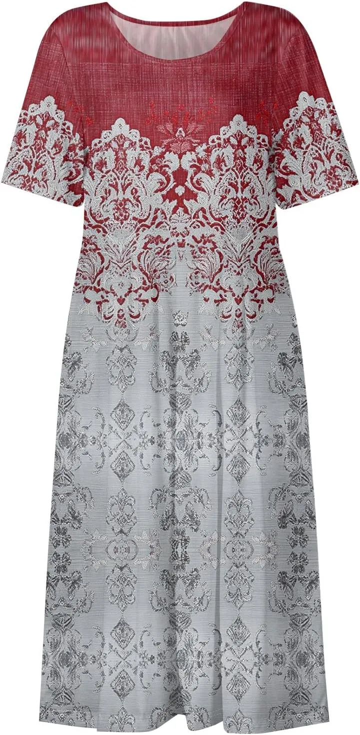Women's Floral Print Casual Midi Short Sleeve Summer Sundress with Pockets for Beach Party and Daily Wear