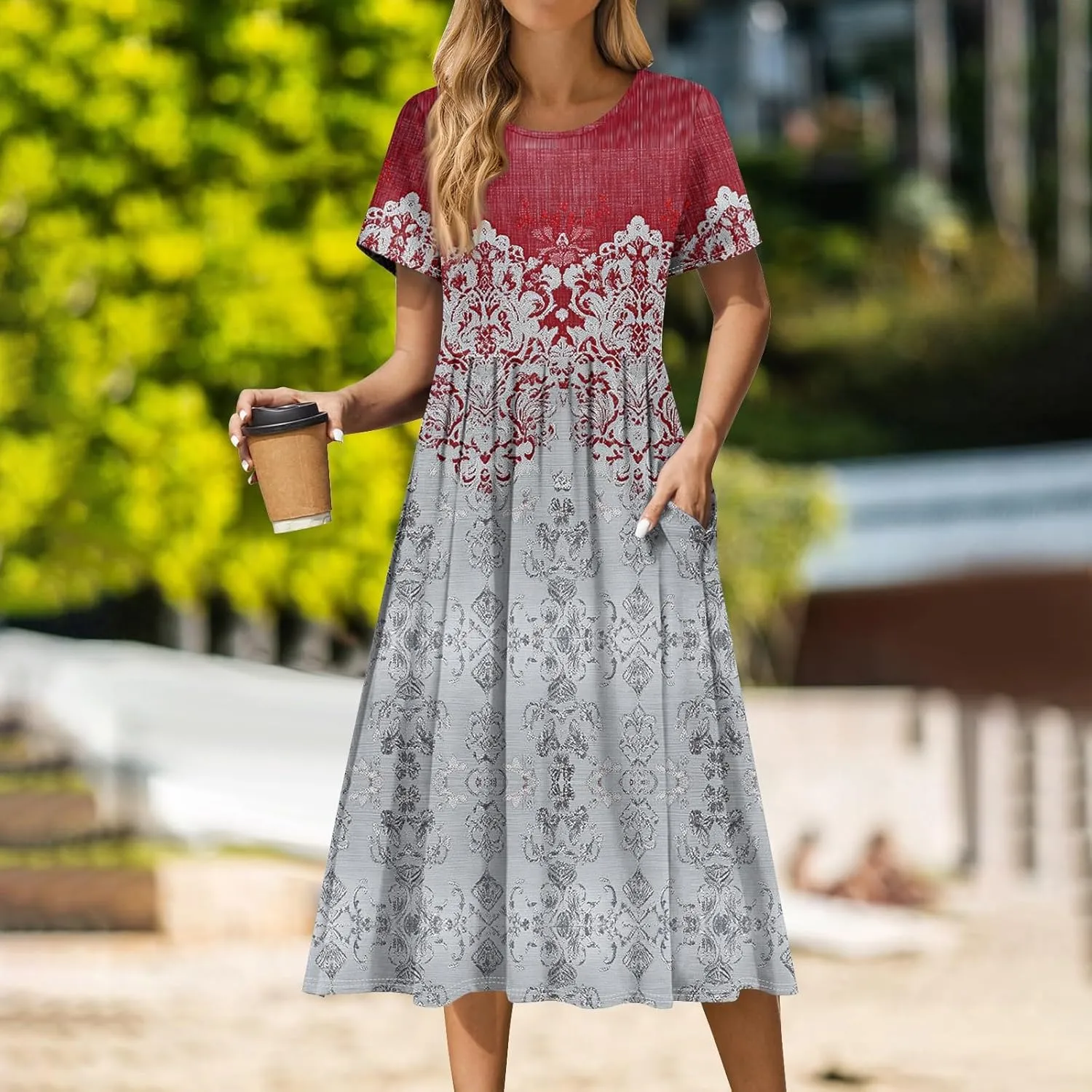 Women's Floral Print Casual Midi Short Sleeve Summer Sundress with Pockets for Beach Party and Daily Wear
