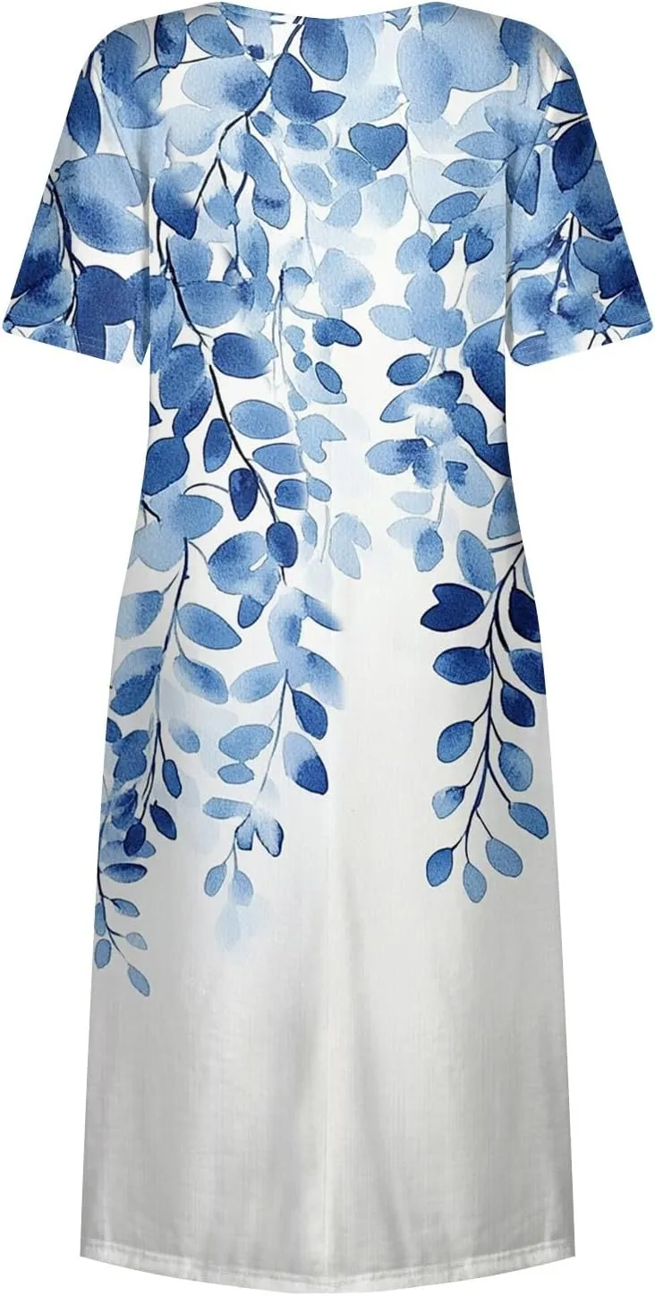 Women's Floral Print Casual Midi Short Sleeve Summer Sundress with Pockets for Beach Party and Daily Wear