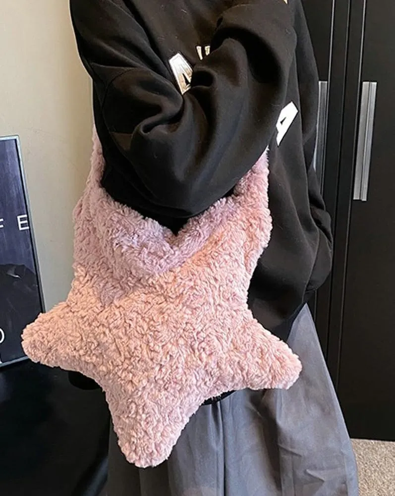 Women's Fuzzy Crossbody Bag Stylish Star Shape Tote Bag Large Capacity Cute Fluffy Shoulder Bag Y2k Satchel Purse 2024