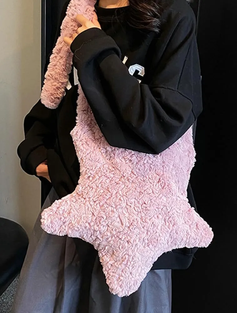 Women's Fuzzy Crossbody Bag Stylish Star Shape Tote Bag Large Capacity Cute Fluffy Shoulder Bag Y2k Satchel Purse 2024