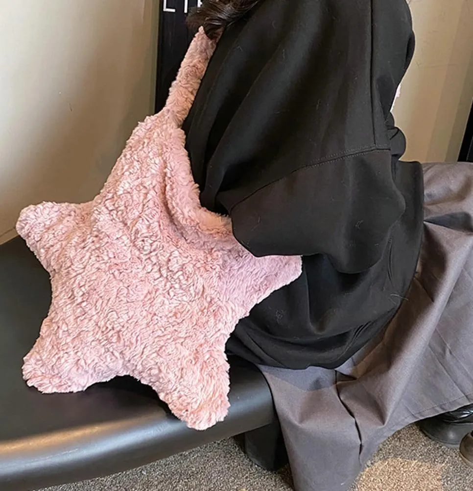 Women's Fuzzy Crossbody Bag Stylish Star Shape Tote Bag Large Capacity Cute Fluffy Shoulder Bag Y2k Satchel Purse 2024