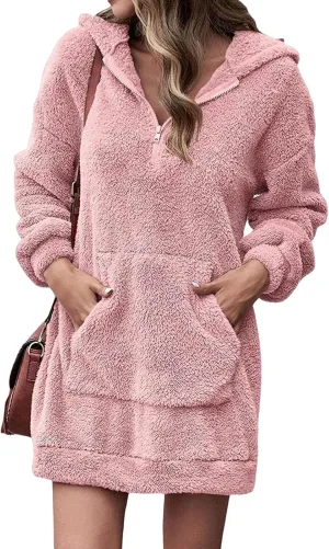 Womens Fuzzy Fleece Hoodies Oversized Half Zip Pullover Winter Long Sleeve Hooded Sweatshirts Casual Tunic Tops