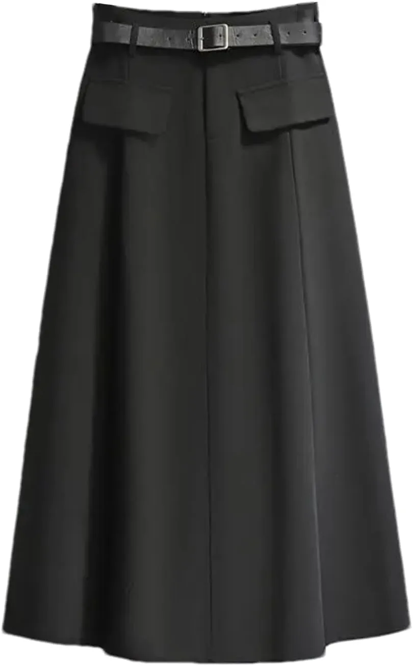 Women's High Waist Belted Pleated Midi Skirt with Pockets  A-Line Long Skirt for Women Casual Daily Wear