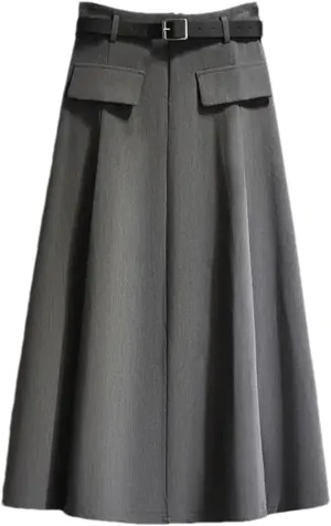 Women's High Waist Belted Pleated Midi Skirt with Pockets  A-Line Long Skirt for Women Casual Daily Wear