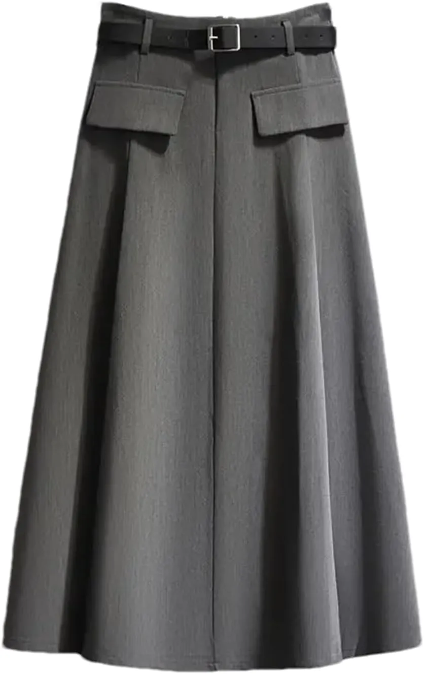 Women's High Waist Belted Pleated Midi Skirt with Pockets  A-Line Long Skirt for Women Casual Daily Wear
