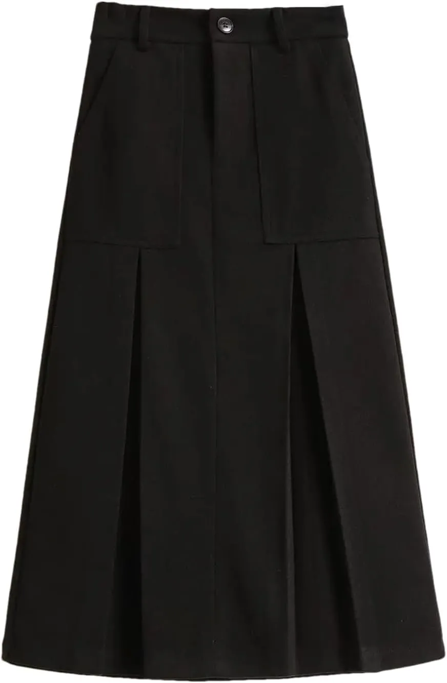 Women's High Waist Pleated Midi Skirt with Pockets  A-Line Long Skirt for Women Casual Daily Wear
