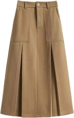 Women's High Waist Pleated Midi Skirt with Pockets  A-Line Long Skirt for Women Casual Daily Wear