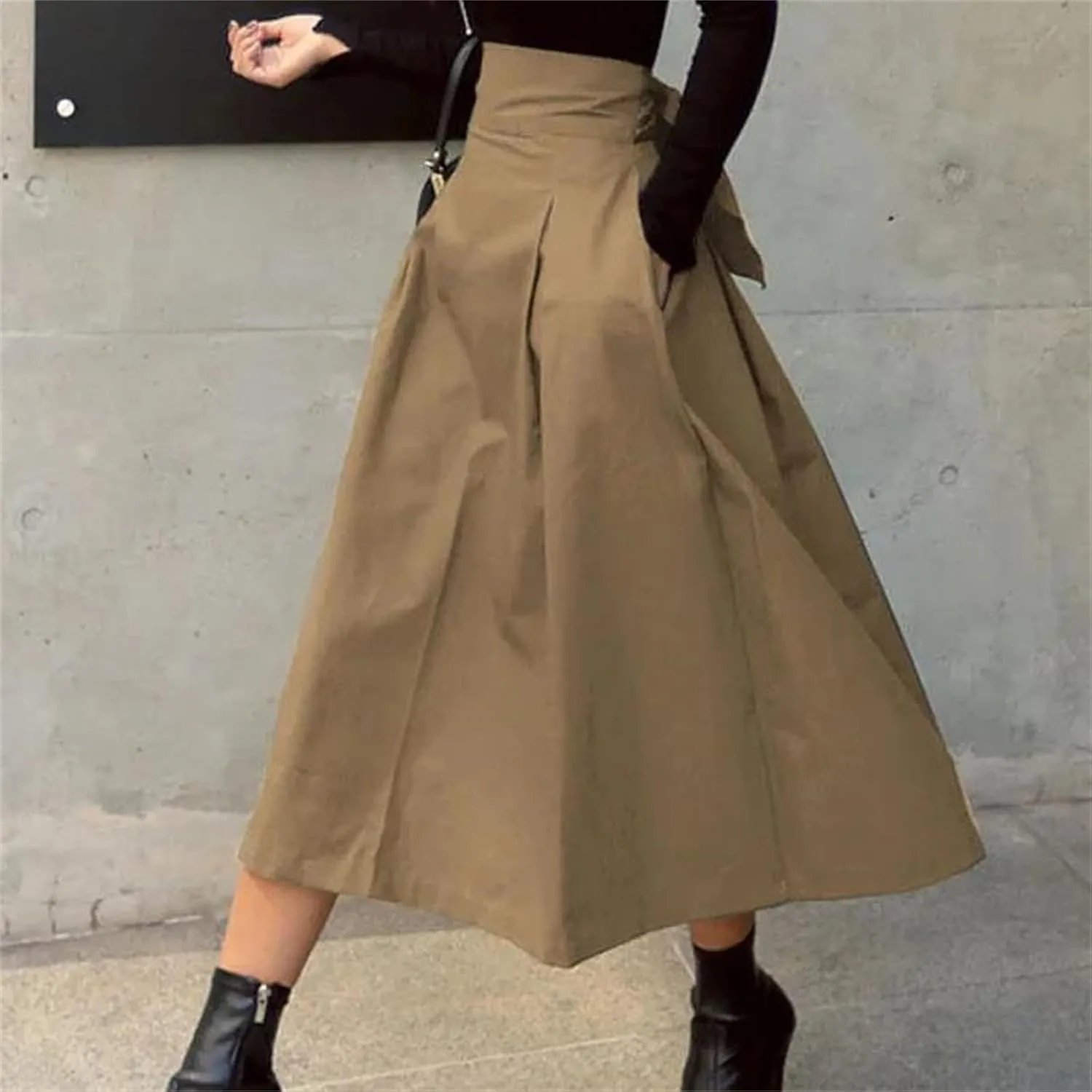 Women's High Waist Pleated Midi Skirt with Pockets  A-Line Long Skirts for Women Casual Daily Wear