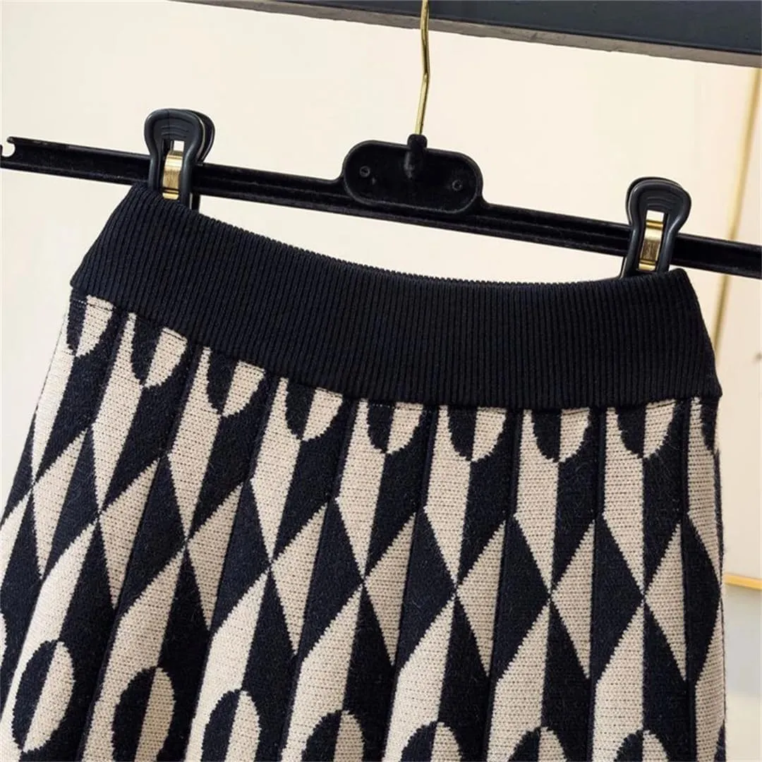 Women's Knitted Geometric Print High Waist Pleated Midi Skirt Warm Stylish for Fall Winter