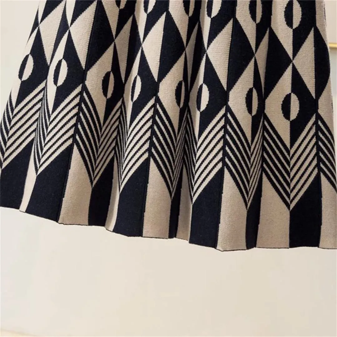 Women's Knitted Geometric Print High Waist Pleated Midi Skirt Warm Stylish for Fall Winter