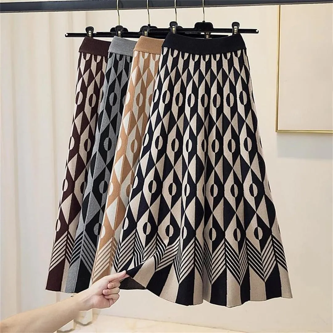 Women's Knitted Geometric Print High Waist Pleated Midi Skirt Warm Stylish for Fall Winter