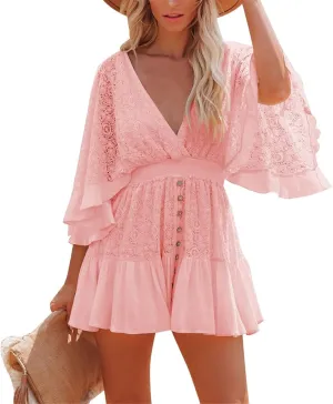 Women's Lace V Neck Mini Dresses Batwing Sleeve Backless Crochet Ruffle Mini Stylish Lace Crochet Short Skirt