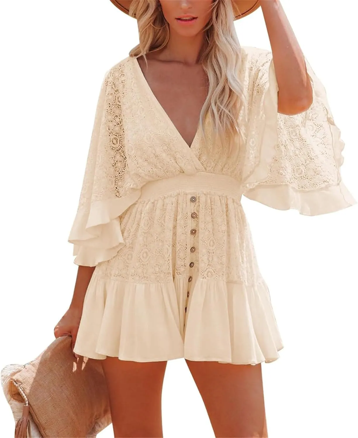 Women's Lace V Neck Mini Dresses Batwing Sleeve Backless Crochet Ruffle Mini Stylish Lace Crochet Short Skirt