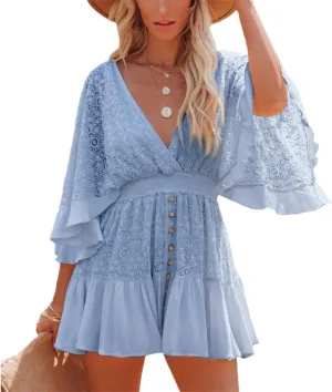 Women's Lace V Neck Mini Dresses Batwing Sleeve Backless Crochet Ruffle Mini Stylish Lace Crochet Short Skirt