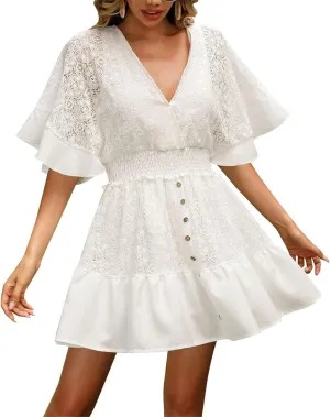 Women's Lace V Neck Mini Dresses Batwing Sleeve Backless Crochet Ruffle Mini Stylish Lace Crochet Short Skirt
